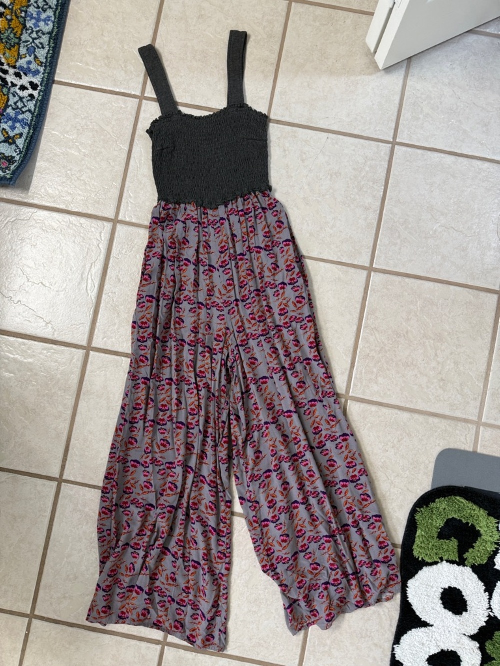 NATURAL LIFE Black Smocked Top Floral Print Jumpsuit